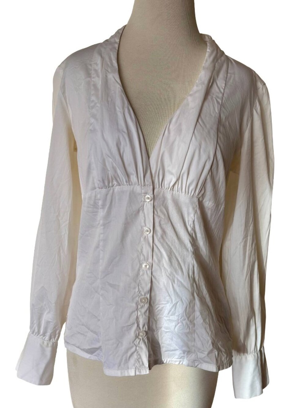 Vintage Crisp White Paneled Deep Vneck Button Up Long Sleeve Blouse Ruched Front